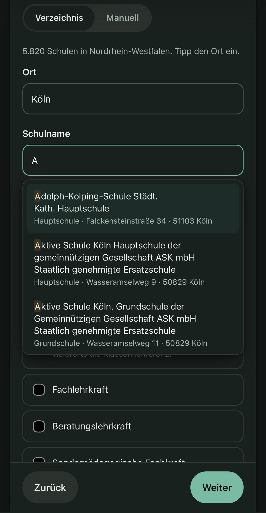 Schulverzeichnis mit Ortssuche und Vorschlagsliste
