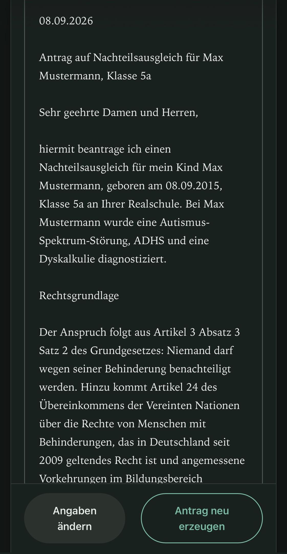 Anfang des fertigen Antrags mit Anrede und Rechtsgrundlage