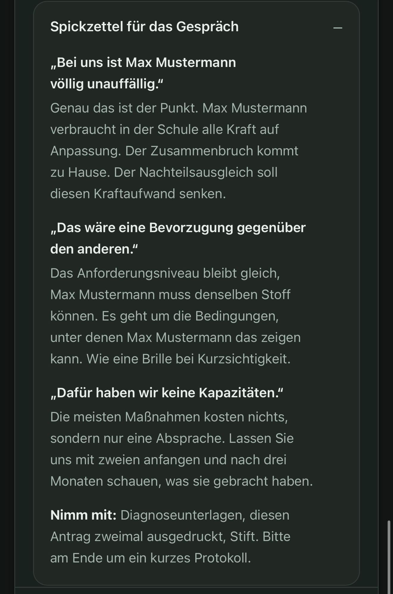 Spickzettel mit den drei häufigsten Sätzen und passenden Antworten